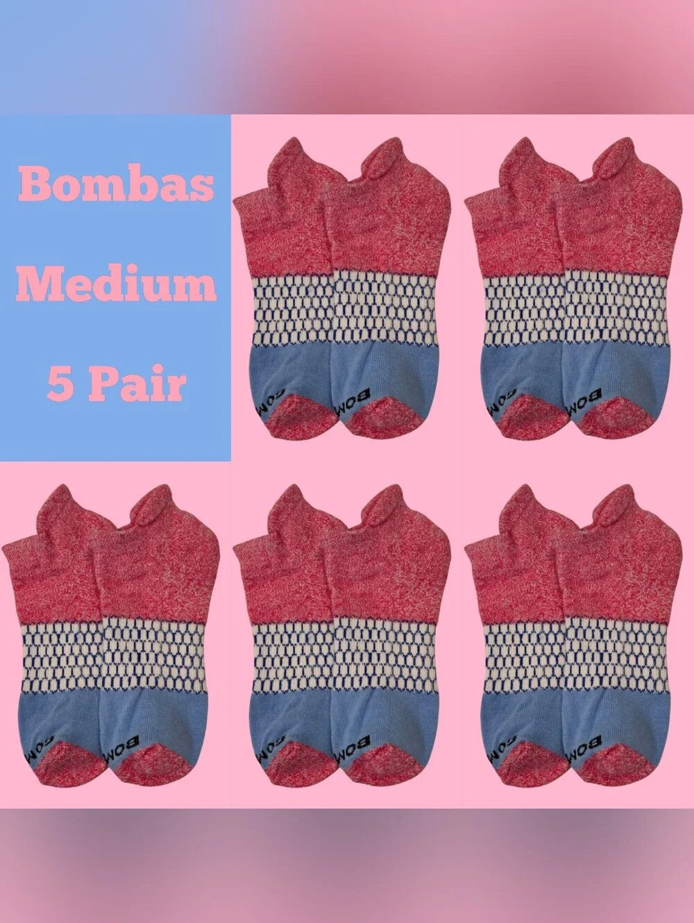Bombas Medium Ankle Socks Pink Blue 5 Pair BNWT Unisex Honeycomb Arch Support